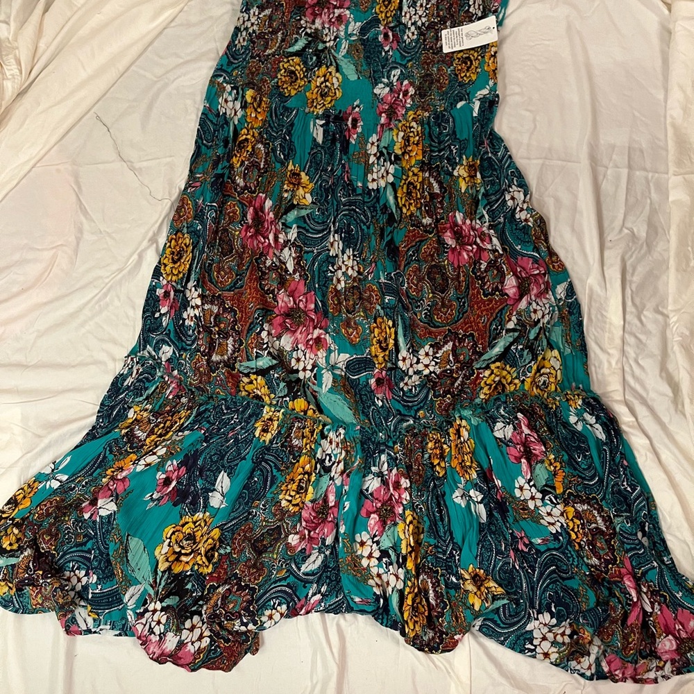 Floral Maxi Dress with Teal and Pink Accents